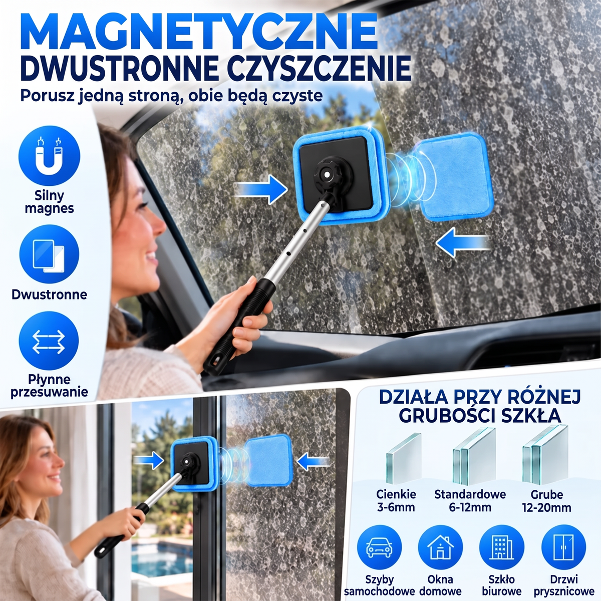🚔Wszechstronny magnetyczny czyścik do szyb — dwustronne czyszczenie, zmywalne wkłady i zastosowanie w domu oraz samochodzie | Jeden zestaw. Czystsze szyby. Mniej wysiłku. 🚢